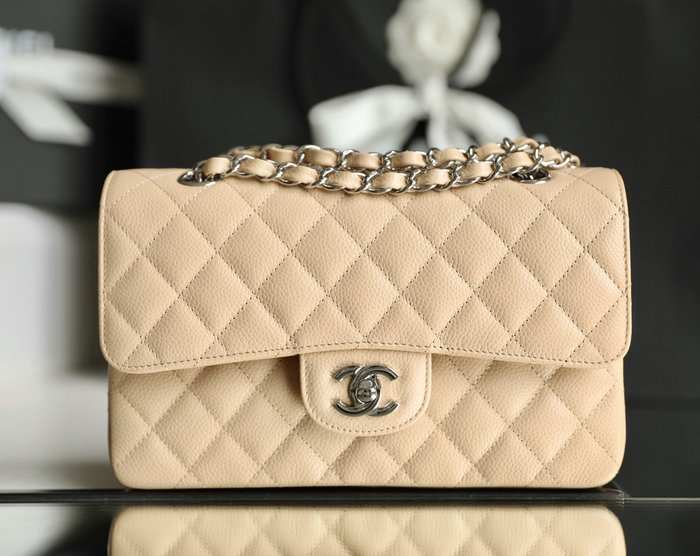 Small Classic Chanel Caviar Leather Flap Bag Beige with Silver A01113