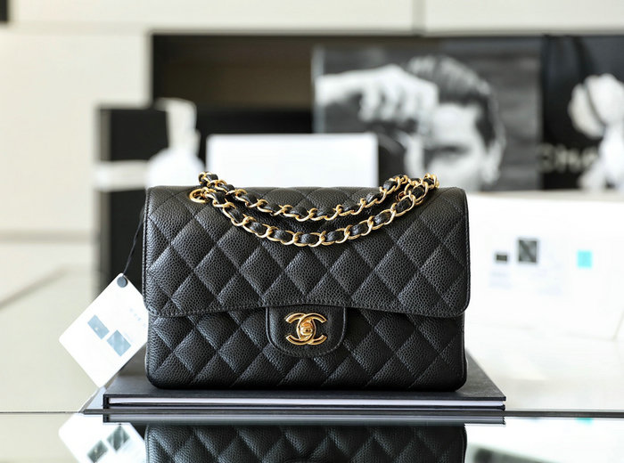 Small Classic Chanel Caviar Leather Flap Bag Black with Gold A01113