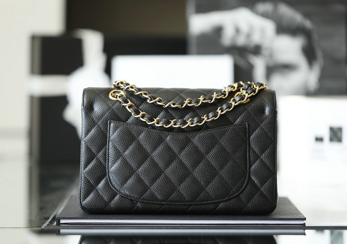 Small Classic Chanel Caviar Leather Flap Bag Black with Gold A01113