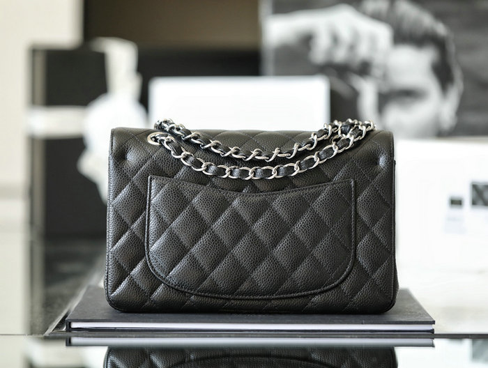 Small Classic Chanel Caviar Leather Flap Bag Black with Silver A01113