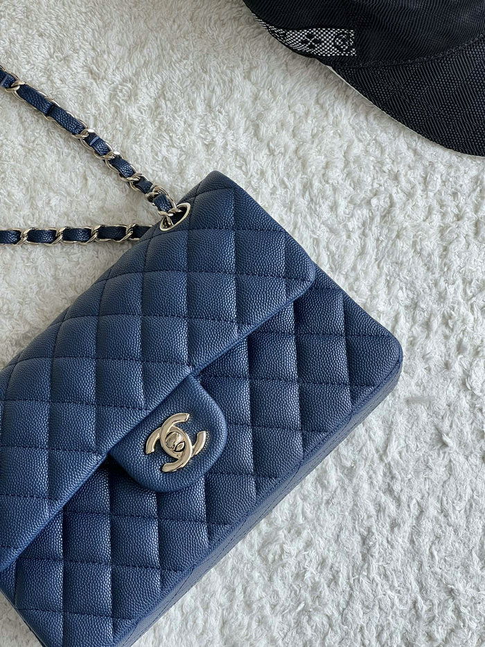 Small Classic Chanel Grain Calfskin Flap Bag Blue A01117