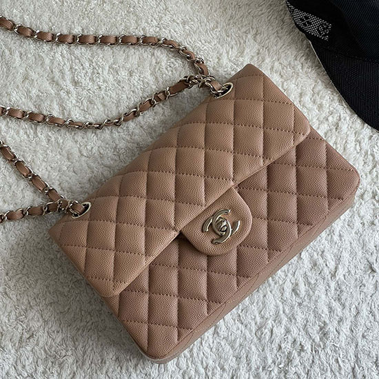 Small Classic Chanel Grain Calfskin Flap Bag Nude A01117