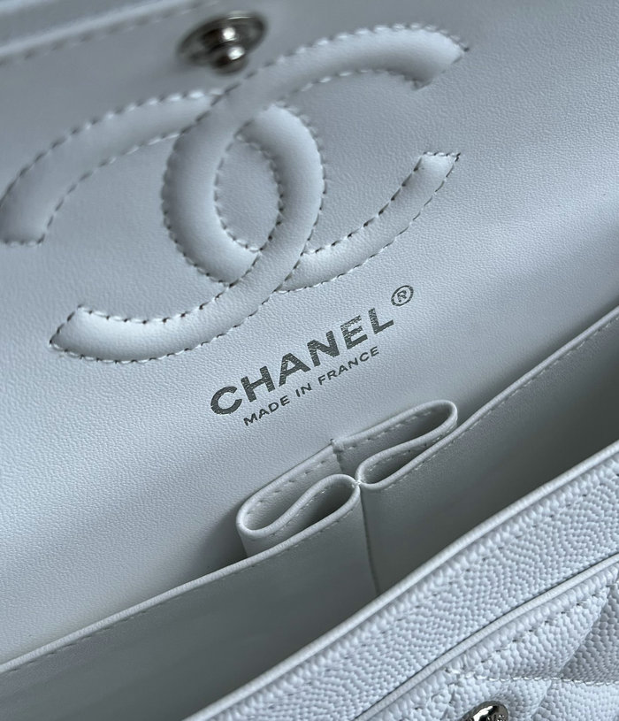 Small Classic Chanel Grain Calfskin Flap Bag White A01117
