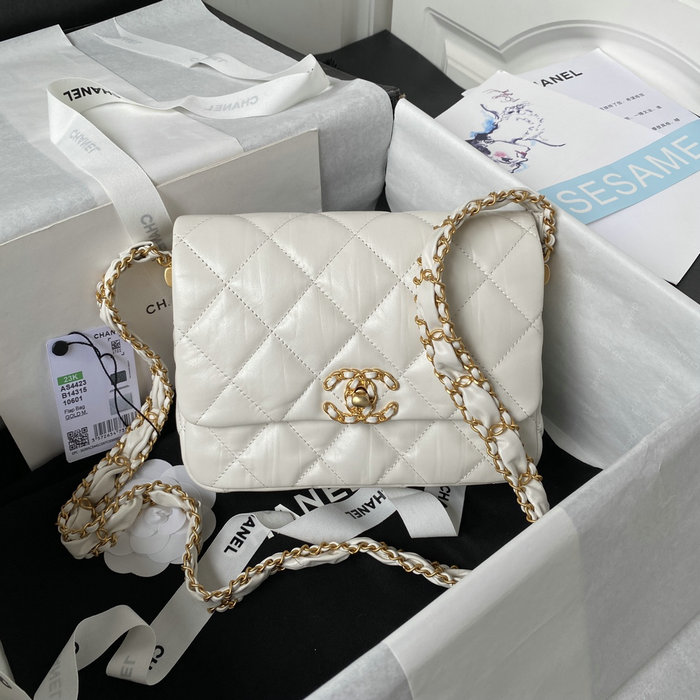 Chanel Shiny Aged Calfskin Shoulder Bag White AS4423