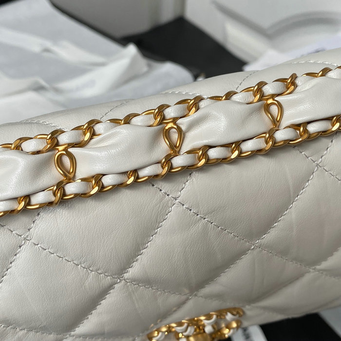 Chanel Shiny Aged Calfskin Shoulder Bag White AS4423