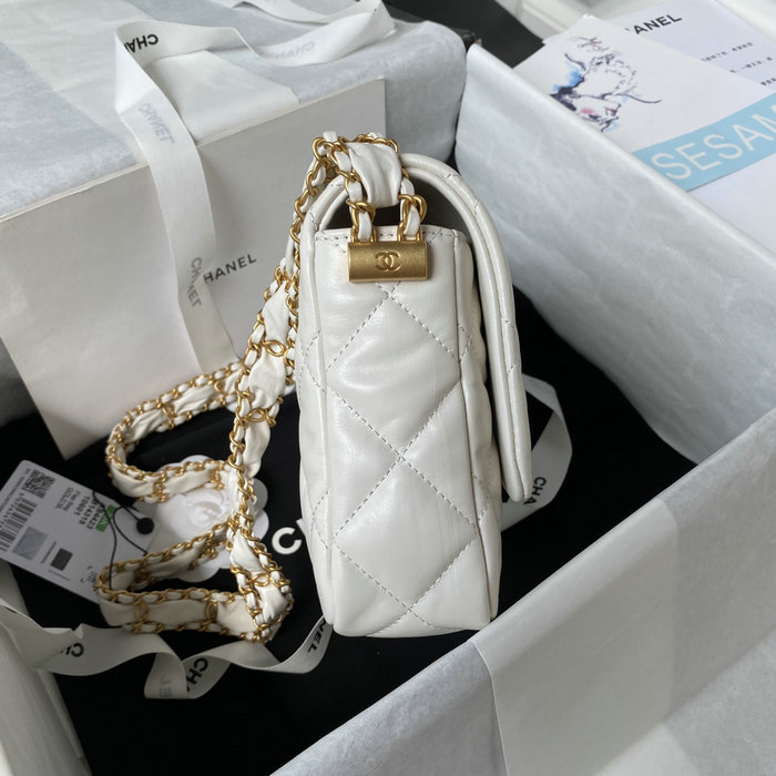 Chanel Shiny Aged Calfskin Shoulder Bag White AS4423