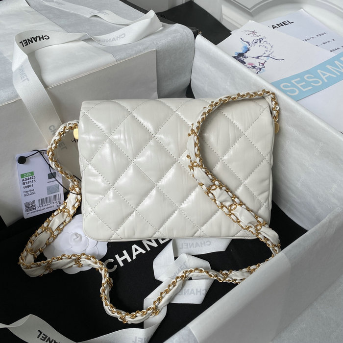 Chanel Shiny Aged Calfskin Shoulder Bag White AS4423