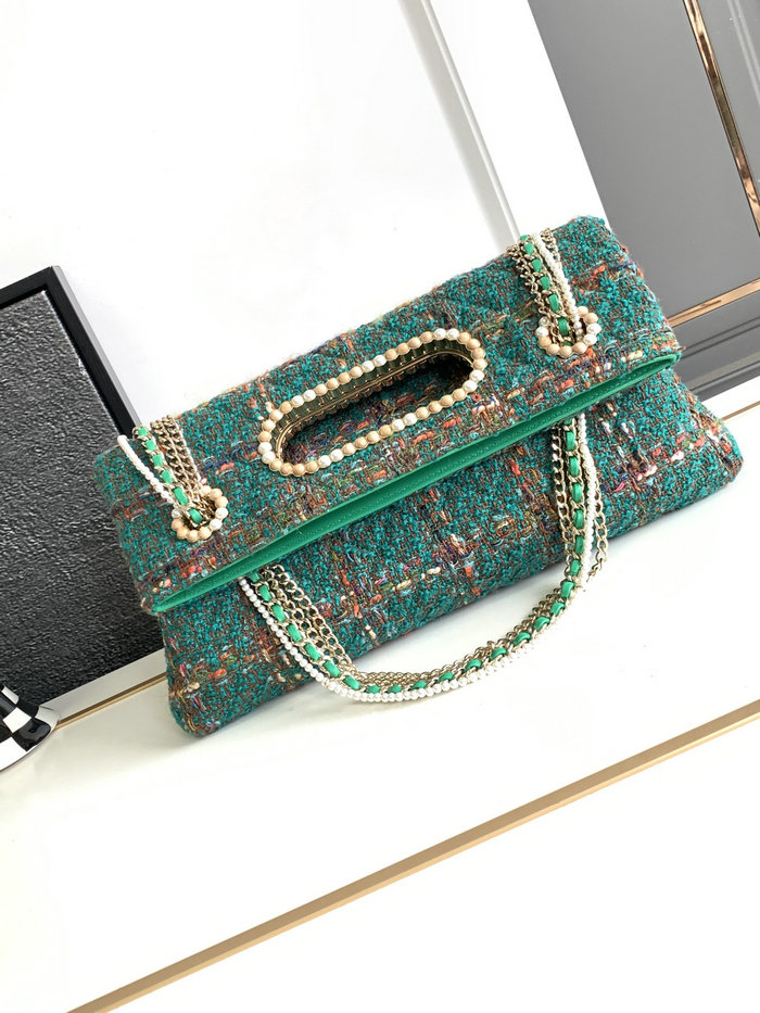 Chanel Tweed Shoulder Bag Green AS2023