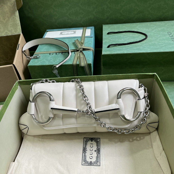 Gucci Horsebit Chain Medium Shoulder Bag White 764255