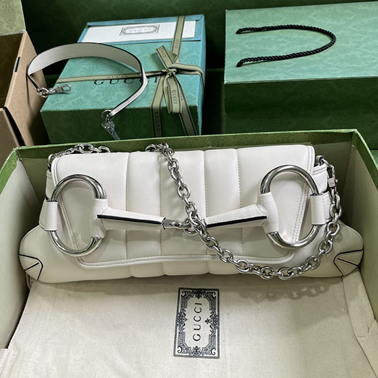 Gucci Horsebit Chain Medium Shoulder Bag White 764255