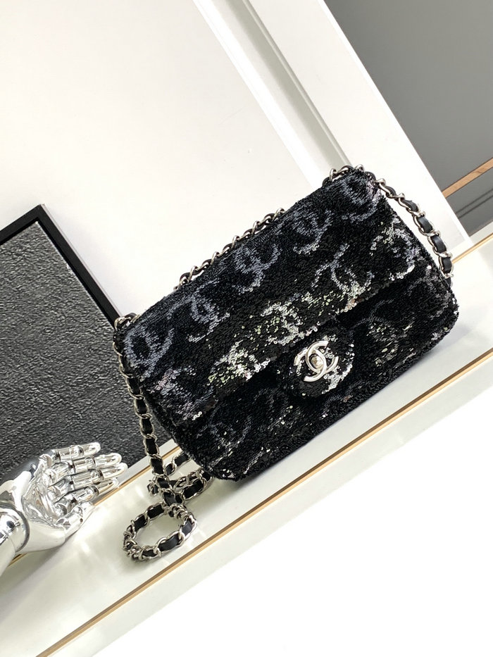 Small Chanel Sequins Evening Bag Black with Silver AS4297