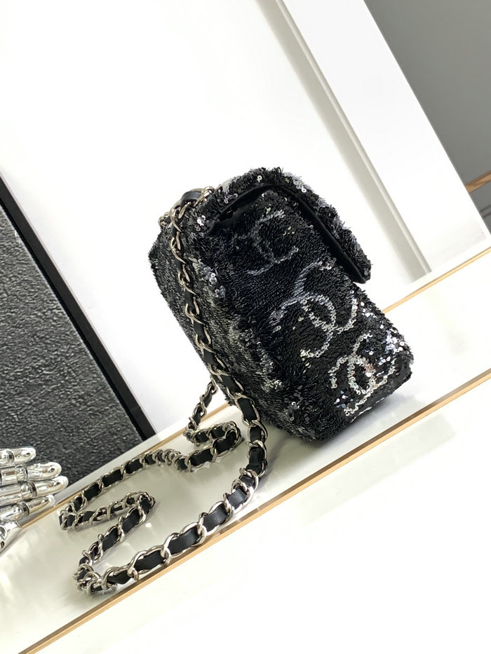 Small Chanel Sequins Evening Bag Black with Silver AS4297