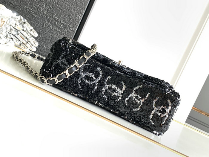 Small Chanel Sequins Evening Bag Black with Silver AS4297
