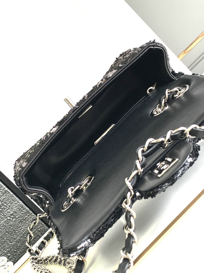 Small Chanel Sequins Evening Bag Black with Silver AS4297