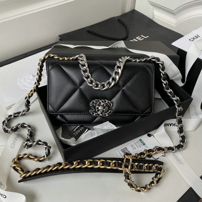 Chanel 19 Wallet On Chain Black with Silver hardware AP3267