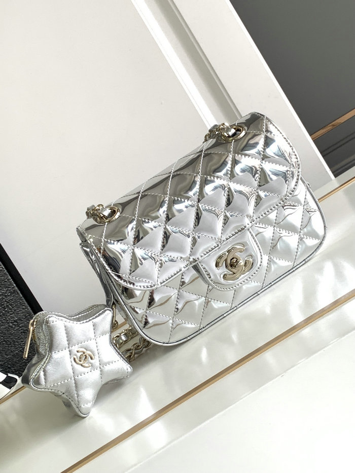 Chanel Flap Bag & Star Coin Purse Silver AS4648