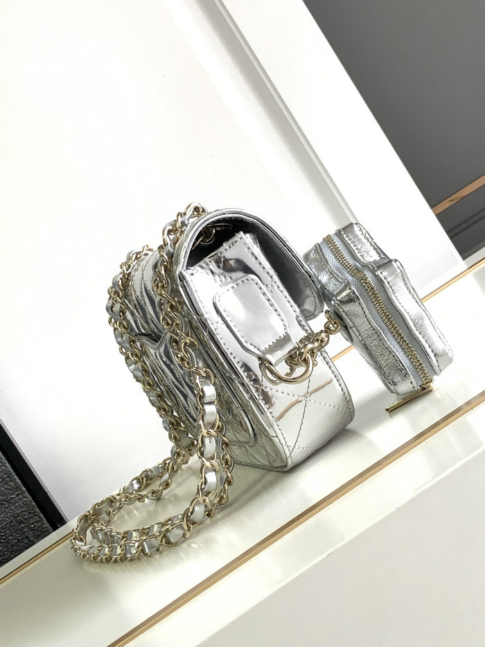 Chanel Flap Bag & Star Coin Purse Silver AS4648