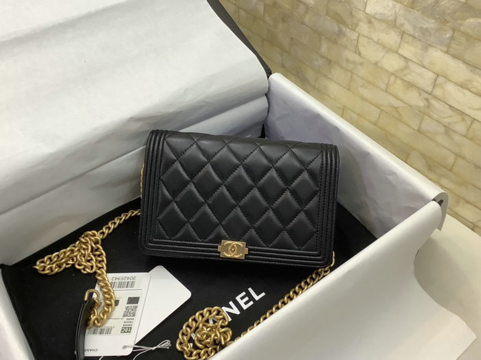 Chanel Lambskin Quilted Boy Wallet Black with Gold Metal A80389