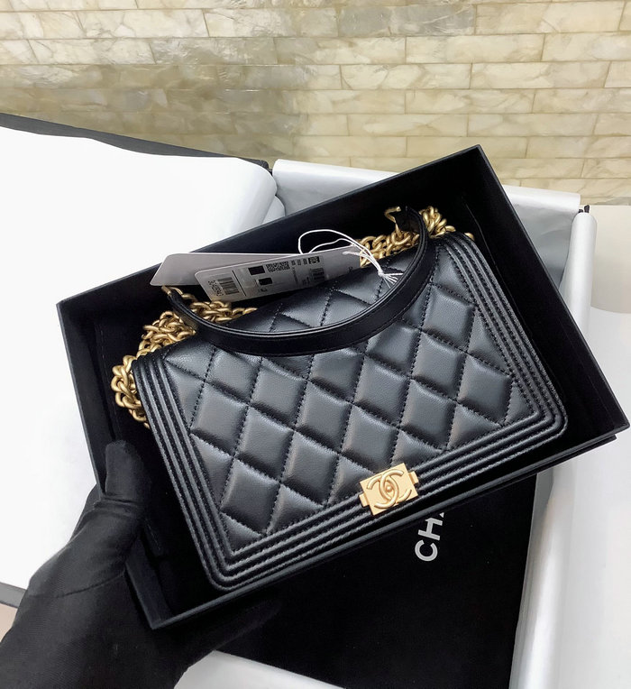 Chanel Lambskin Quilted Boy Wallet Black with Gold Metal A80389