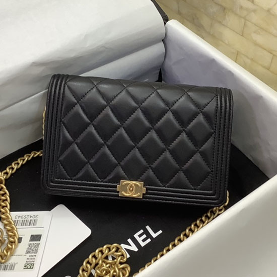 Chanel Lambskin Quilted Boy Wallet Black with Gold Metal A80389