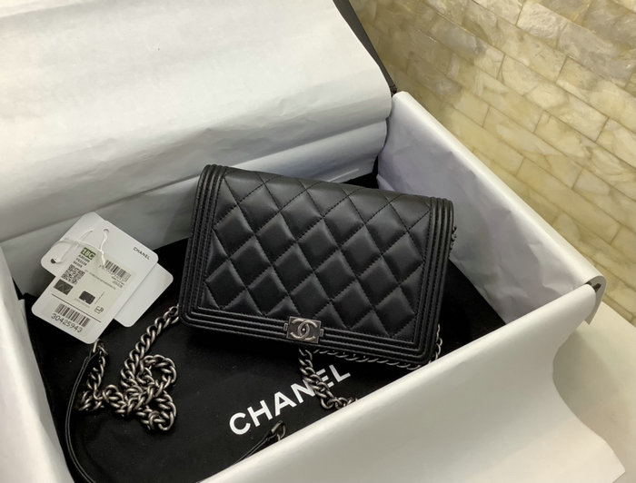 Chanel Lambskin Quilted Boy Wallet Black with Silver Metal A80389