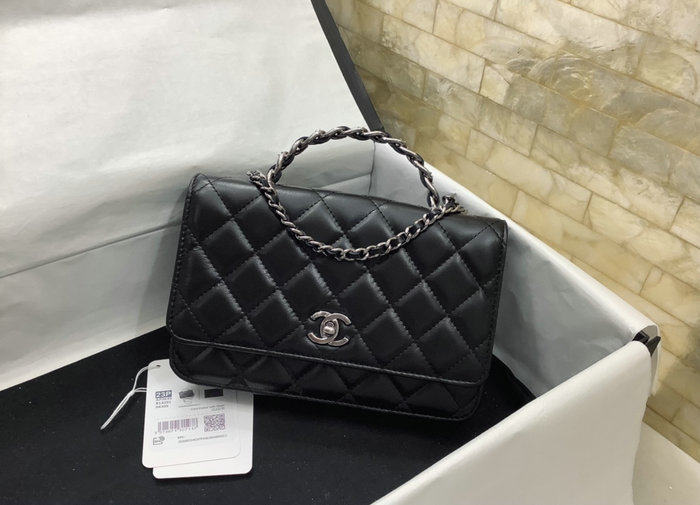 Chanel Shiny crumple calfskin Wallet on Chain Black AP3645