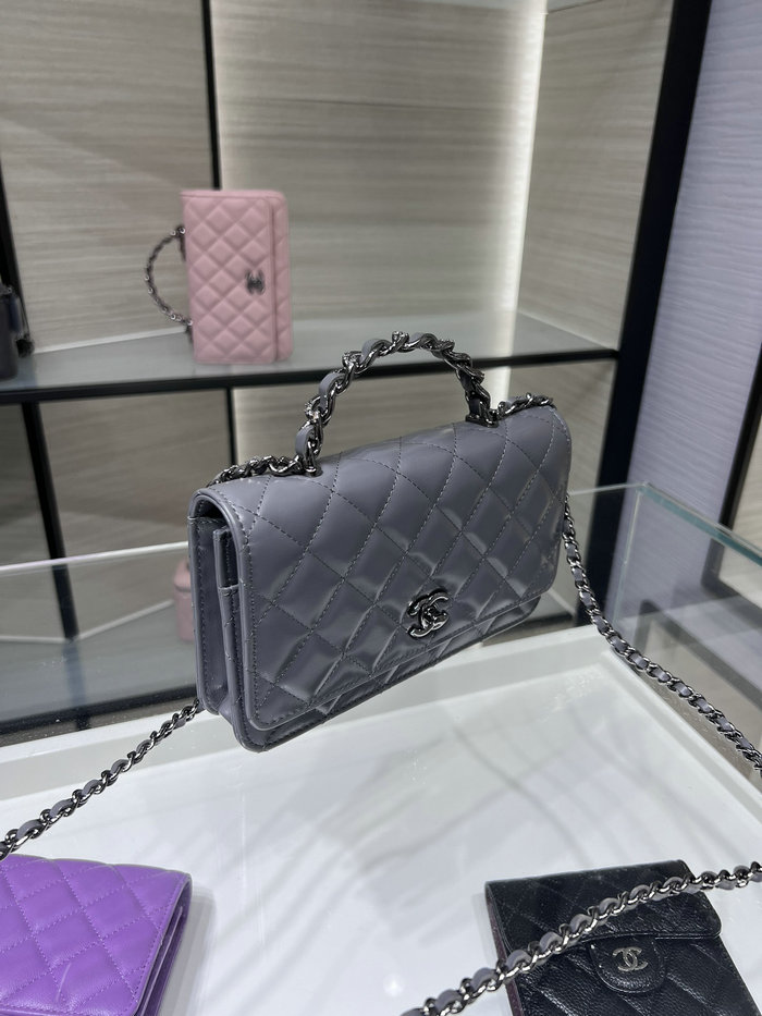 Chanel Shiny crumple calfskin Wallet on Chain Grey AP3645