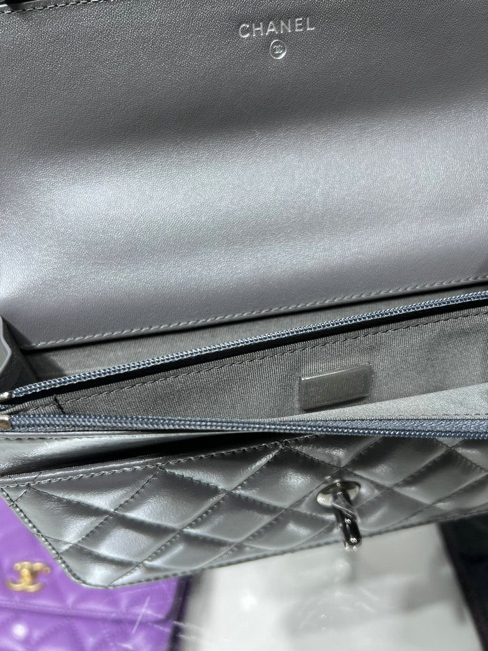 Chanel Shiny crumple calfskin Wallet on Chain Grey AP3645