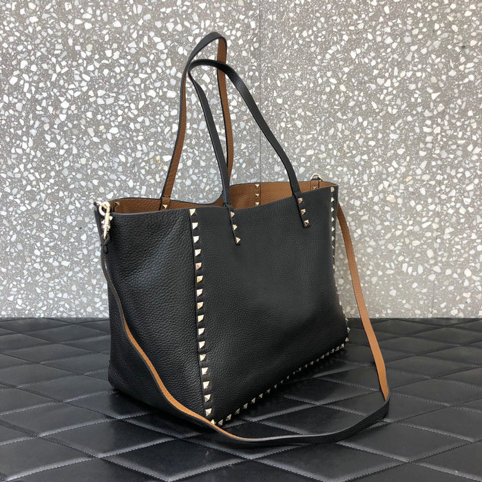 Valentino Rockstud Reversible Leather Tote Black and Brown V0077