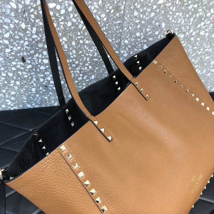 Valentino Rockstud Reversible Leather Tote Black and Brown V0077