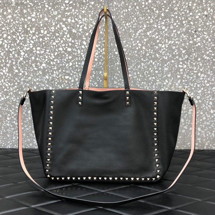 Valentino Rockstud Reversible Leather Tote Black and Pink V0077