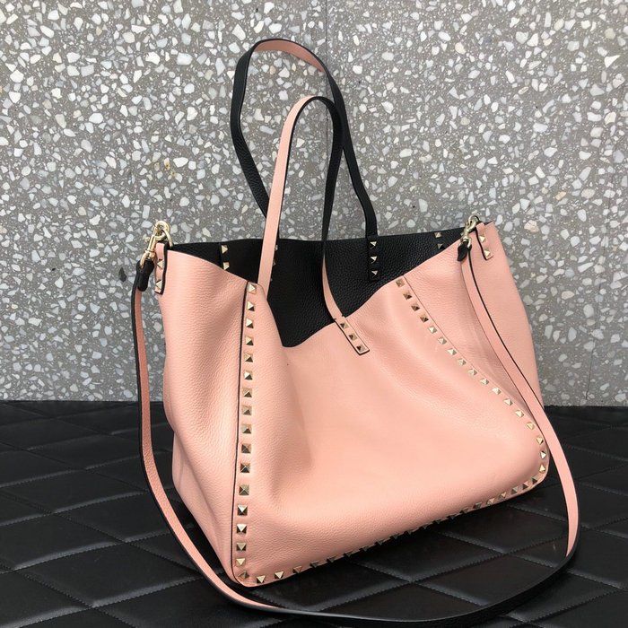 Valentino Rockstud Reversible Leather Tote Black and Pink V0077