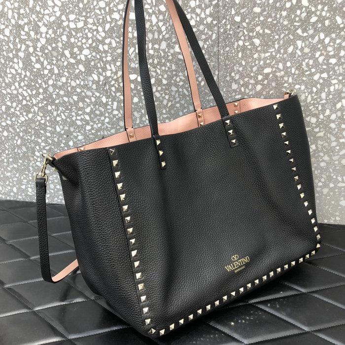 Valentino Rockstud Reversible Leather Tote Black and Pink V0077