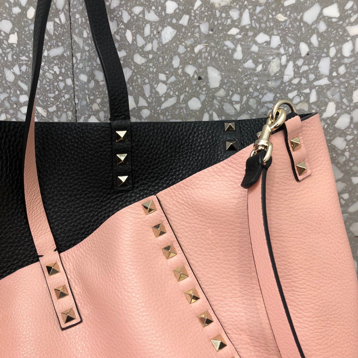 Valentino Rockstud Reversible Leather Tote Black and Pink V0077