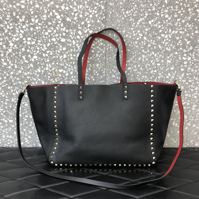 Valentino Rockstud Reversible Leather Tote Black and Red V0077