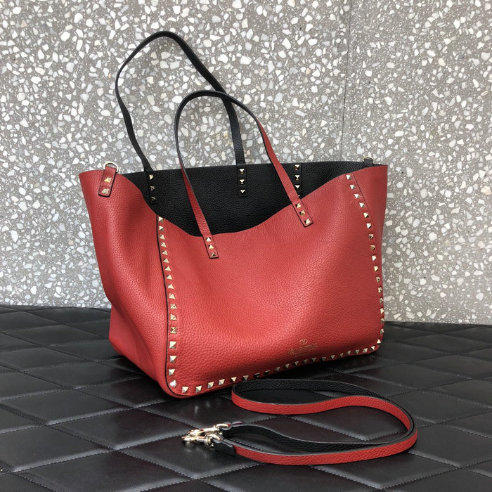 Valentino Rockstud Reversible Leather Tote Black and Red V0077