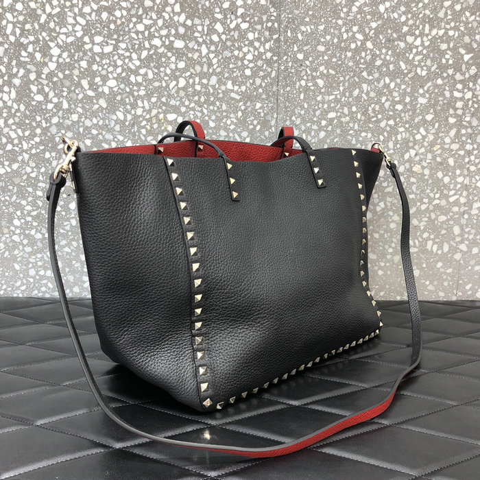 Valentino Rockstud Reversible Leather Tote Black and Red V0077