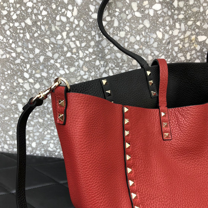 Valentino Rockstud Reversible Leather Tote Black and Red V0077