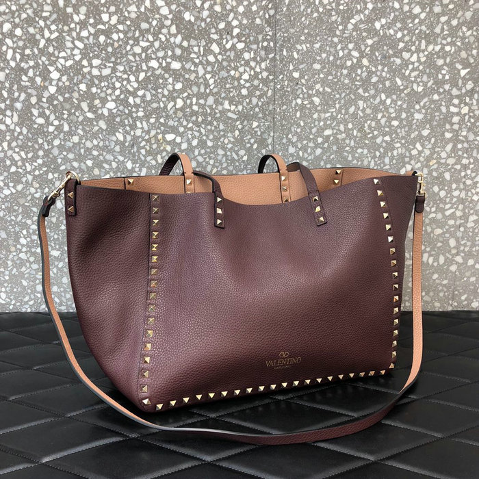 Valentino Rockstud Reversible Leather Tote Pink and Burgundy V0077