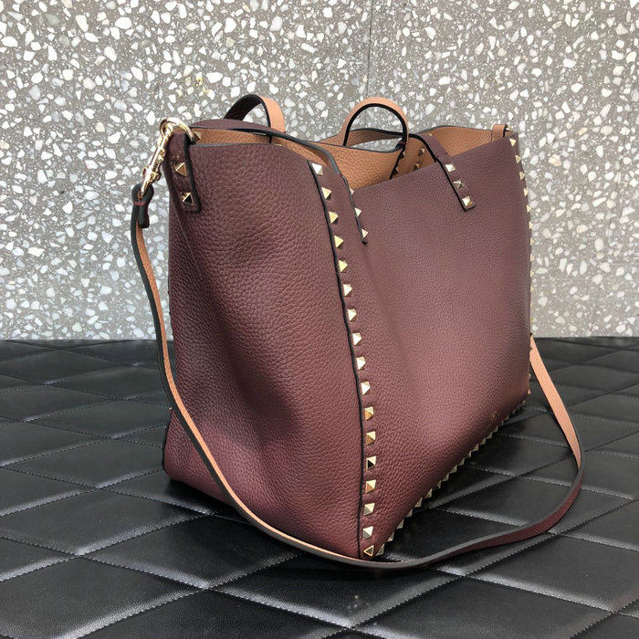 Valentino Rockstud Reversible Leather Tote Pink and Burgundy V0077