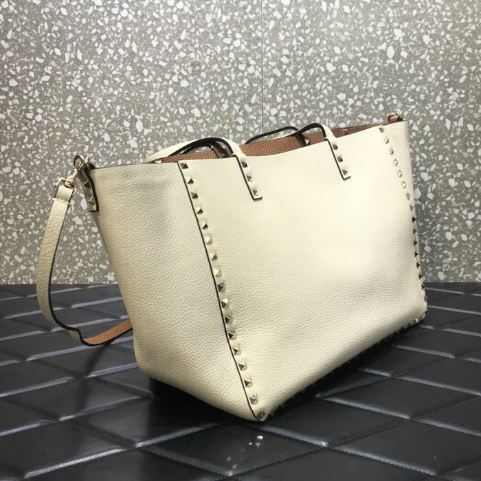 Valentino Rockstud Reversible Leather Tote White and Brown V0077