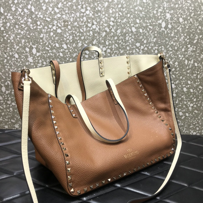 Valentino Rockstud Reversible Leather Tote White and Brown V0077