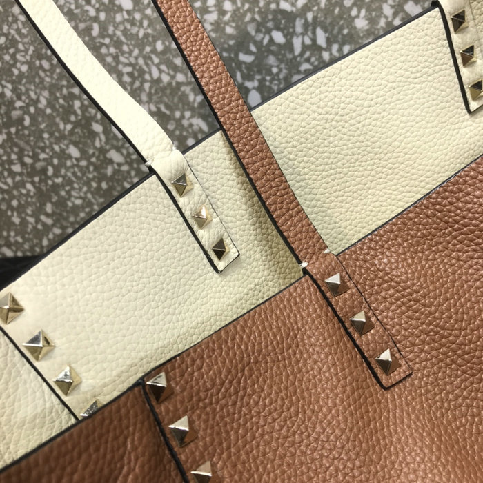Valentino Rockstud Reversible Leather Tote White and Brown V0077