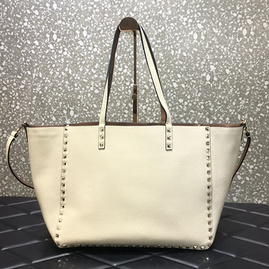 Valentino Rockstud Reversible Leather Tote White and Brown V0077