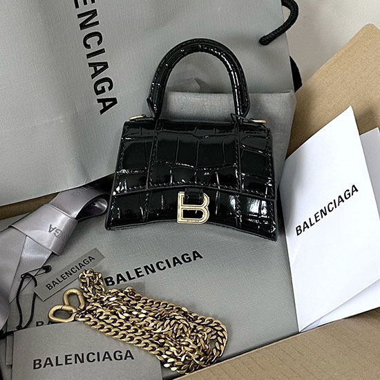 Balenciaga Hourglass Nano Top Handle Bag Black with Gold B664676