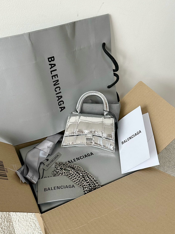 Balenciaga Hourglass Nano Top Handle Bag Silver B664676