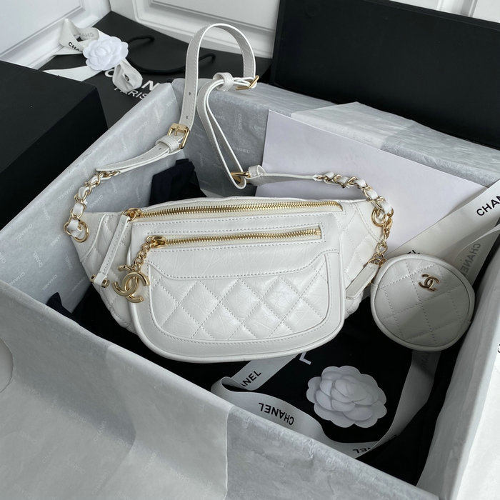 Chanel Aged Calfskin Waist Bag White AS1077