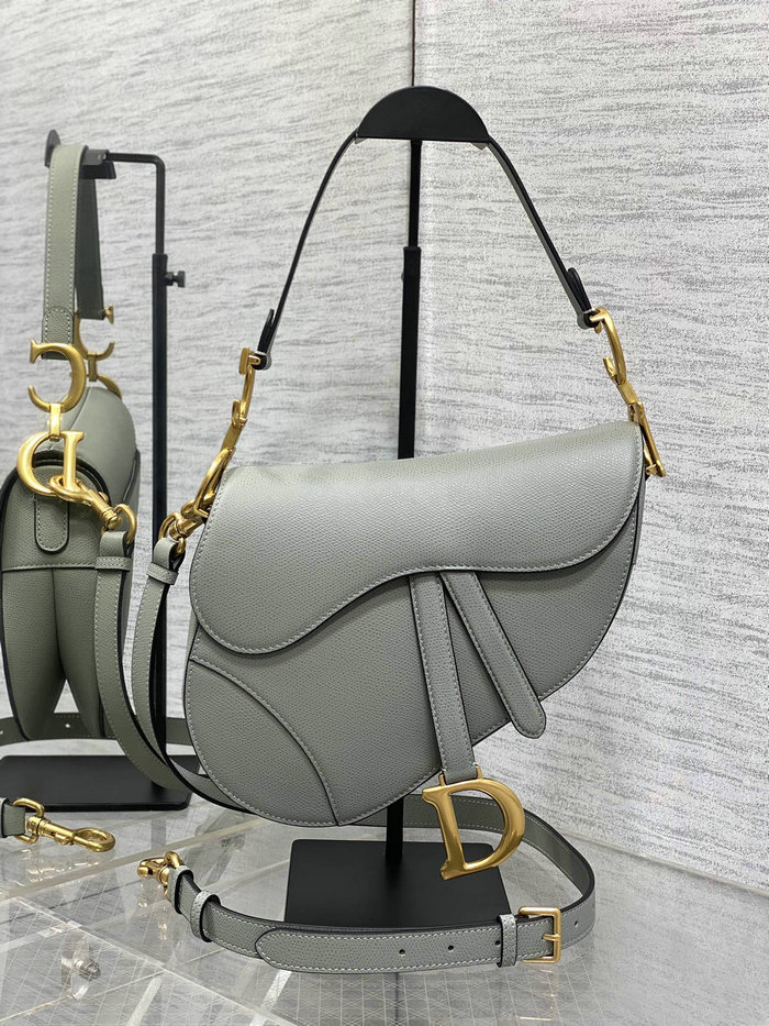 Dior Grained Calfskin Saddle Bag with Strap Stone Gray M0455