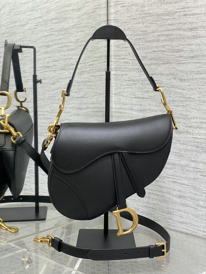 Dior Smooth Leather Saddle Bag Black with Gold M0455