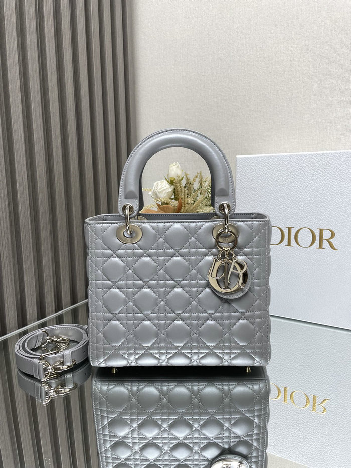Medium Lady Dior Lambskin Bag Shiny Grey D2454